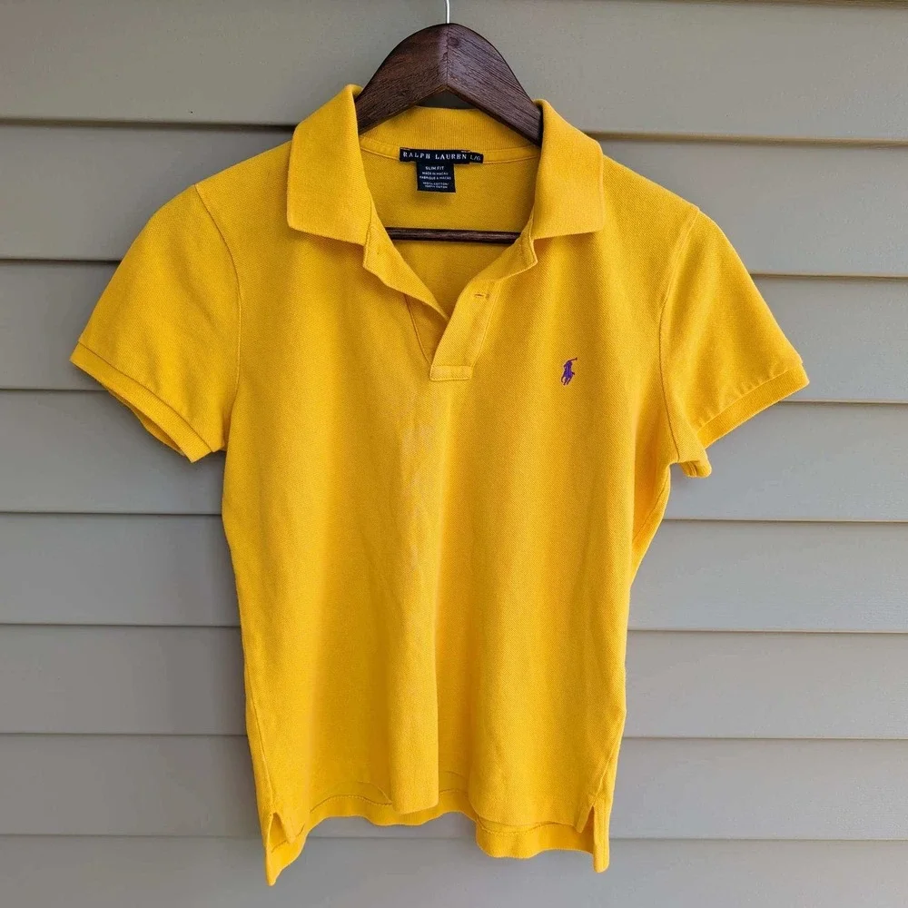 Ralph Lauren Polo Shirt Mens Large Yellow Slim Fit Short Sleeve Cotton Pique